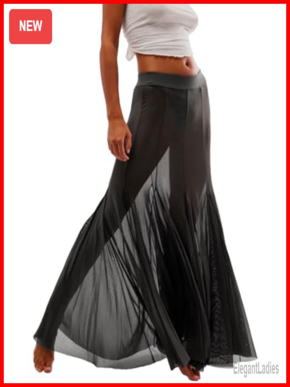 Sheer Mesh Pleated Maxi Skirt High Waist Tulle Flowy Beach Cover Up